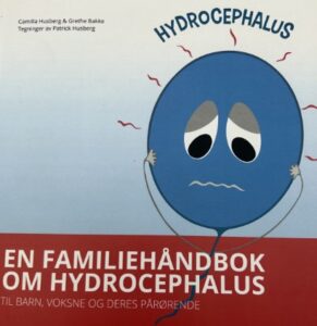 Forsiden til boken "En familiehåndbok om hydrocephalus". Illustrasjon av en blå ballong med triste øyne som tar seg til "hodet".